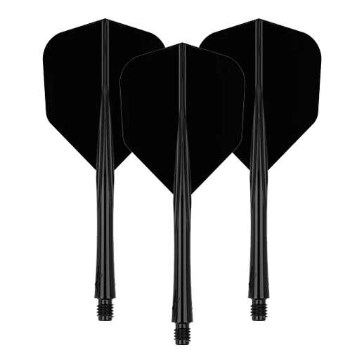 Das Bild zeigt drei schwarze Dart-Flights mit Schäften. Sie sind in einer aufrechten Position nebeneinander angeordnet.