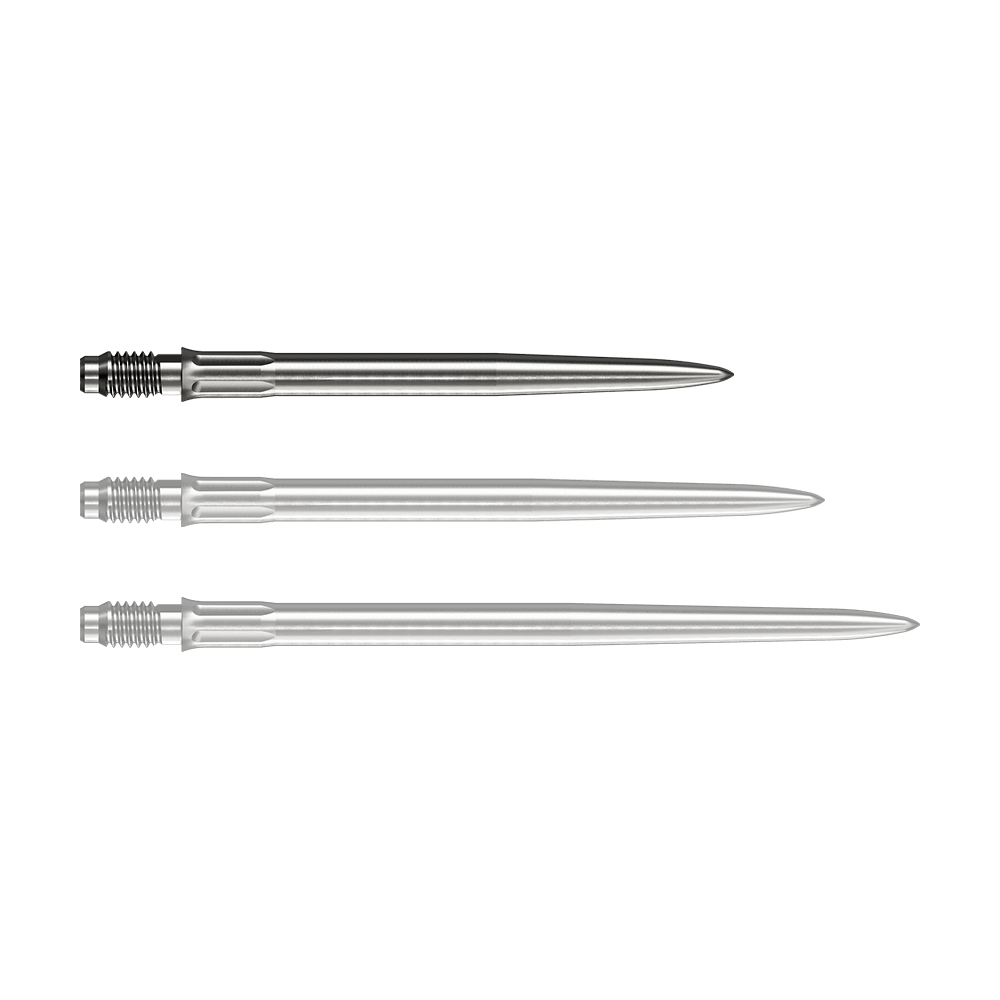 Mission R2.5 Rapid Point SM1 Dart Tips - Silver Eine silberne Dartspitze liegt vor weißem Hintergrund. Die Spitze ist eine Mission R25 Rapid Point SM1 mit einer Länge von 30mm.