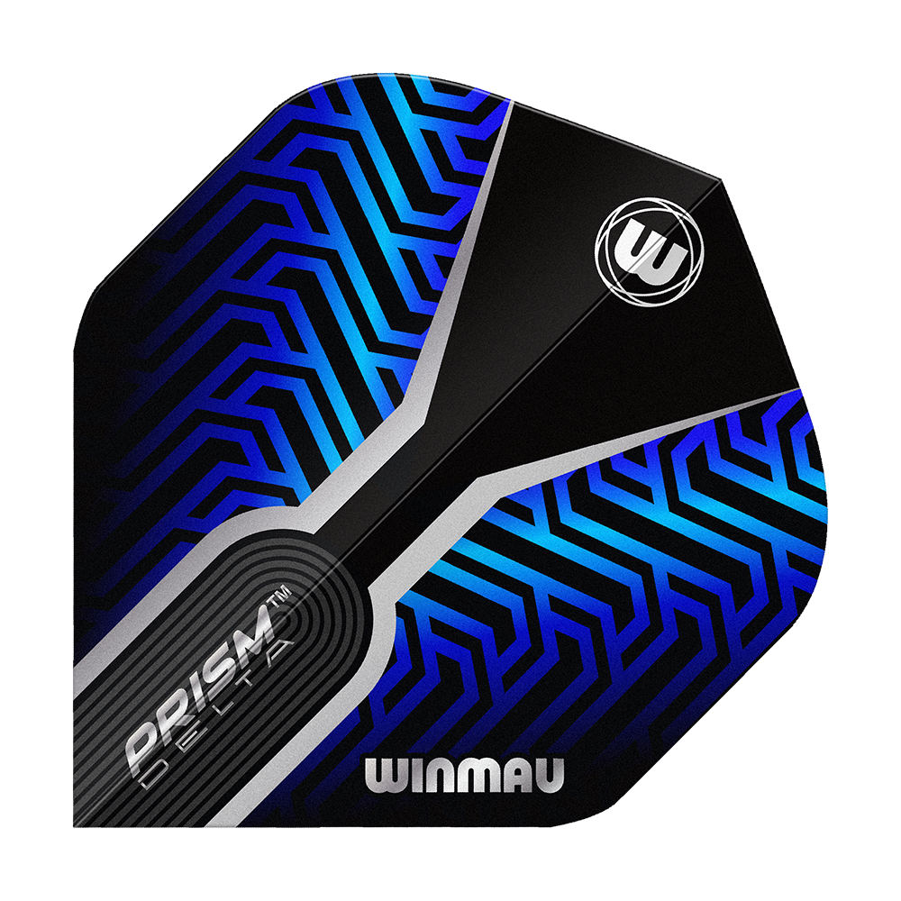 Hier zu sehen sind die Winmau Prism Delta Blue No2 Standard Flights. Die Dart Flights verfügen über ein auffälliges blau-schwarzes Muster.