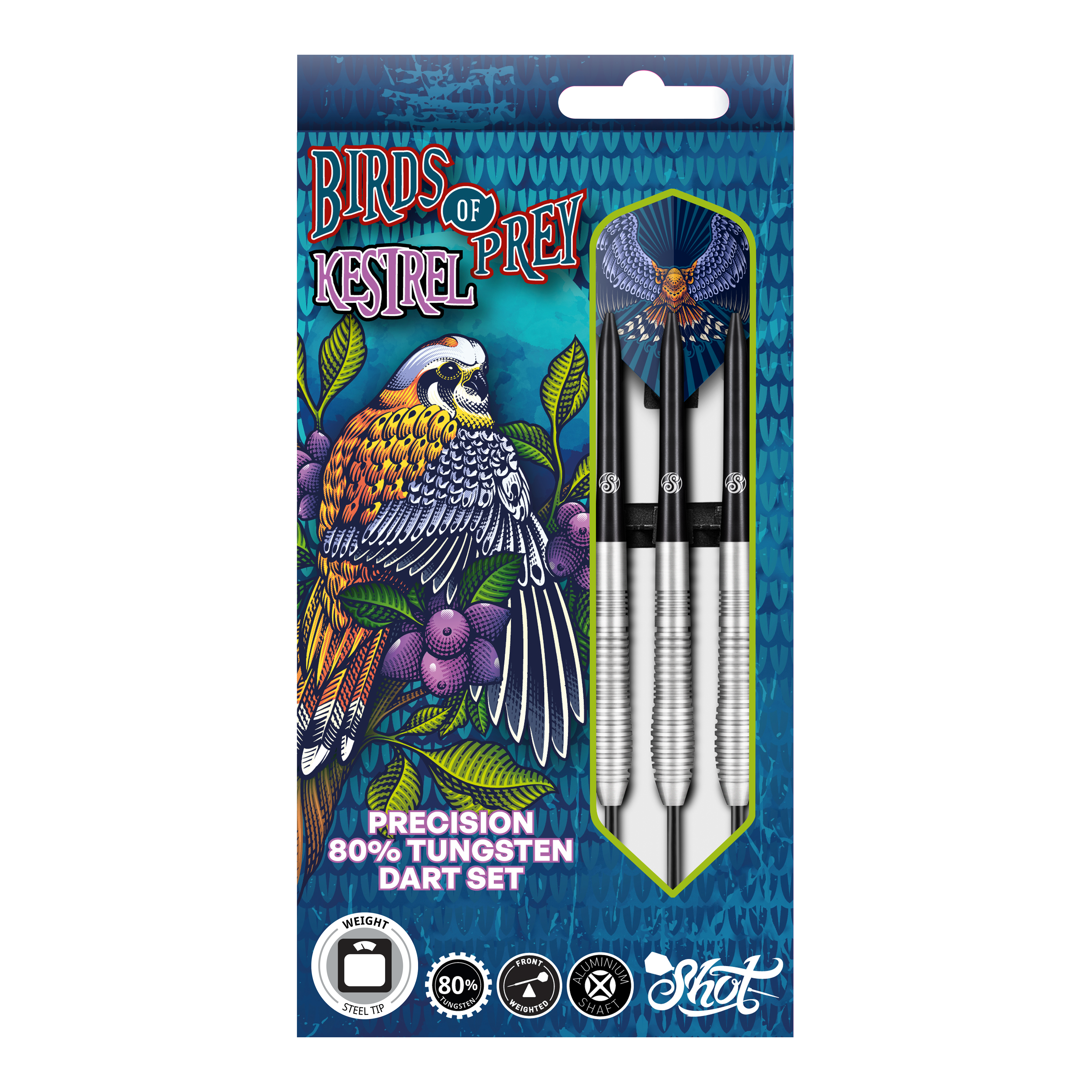 Shot Birds Of Prey Kestrel Steel Darts Das Bild zeigt die Verpackung der "Shot Birds Of Prey Kestrel Steeldarts". Auf der Verpackung ist ein bunter Vogel abgebildet, und die Darts bestehen aus 80% Tungsten.