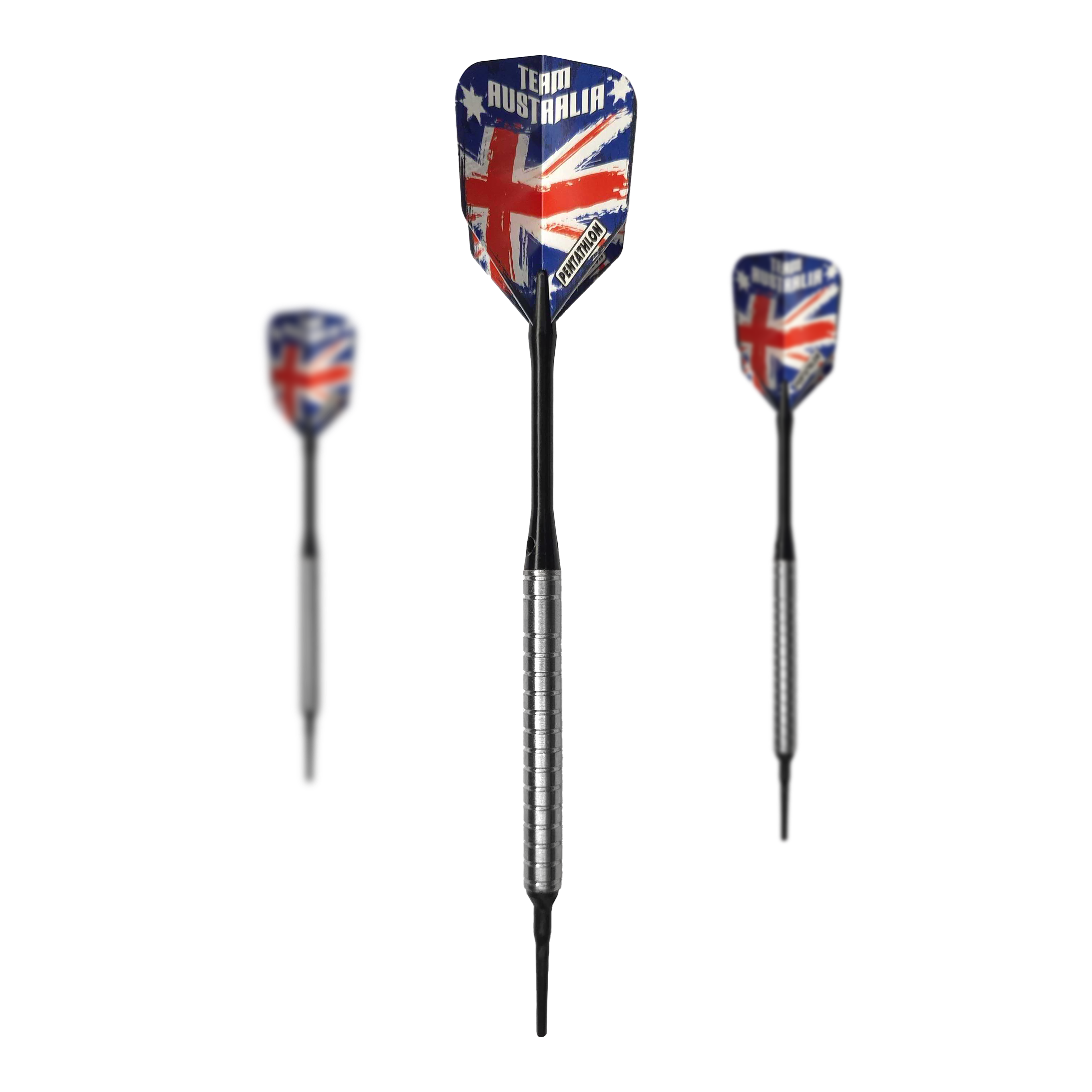 McDart 85 Tungsten V24 Softdarts - 18.5g Das Bild zeigt drei Softdarts mit silbernem Griff und schwarzer Spitze. Die Flights sind mit einer australischen Flagge und der Aufschrift "Team Australia" bedruckt.
