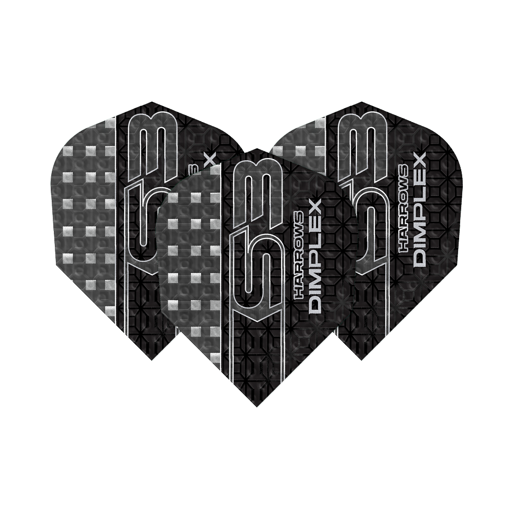 Harrows Dimplex S3 Flights - Smokey Das Bild zeigt drei Dartflights des Modells "Harrows Dimplex S3" in der Farbe Smokey. Die Flights haben ein schwarzes, graues Muster mit silberner Beschriftung.