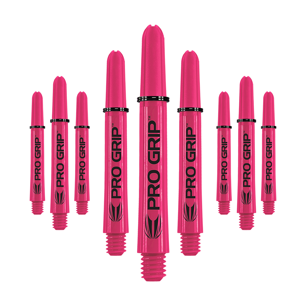 Target Pro Grip Shafts - 3 Sets - Pink Das Bild zeigt neun pinke Dartshafts mit der Aufschrift "PRO GRIP". Die Shafts sind in drei Reihen angeordnet und heben sich deutlich vor dem weißen Hintergrund ab.