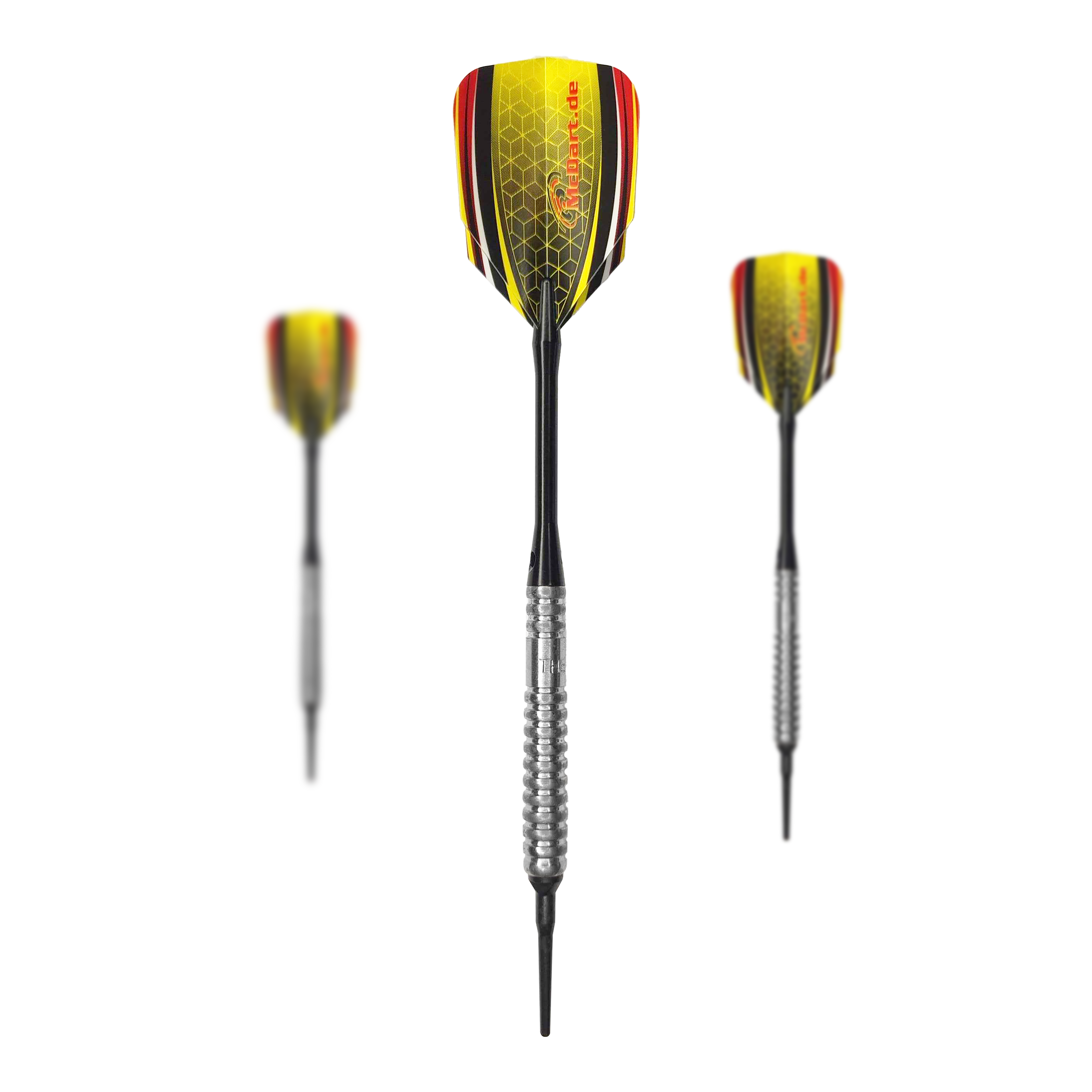 McDart 85 Tungsten V20 Soft Darts - 17g Das Bild zeigt drei Softdarts des Modells "McDart 85er Tungsten V20" mit einem Gewicht von 17g. Die Flights sind in Gelb, Rot und Schwarz gestaltet und haben ein Wabenmuster.