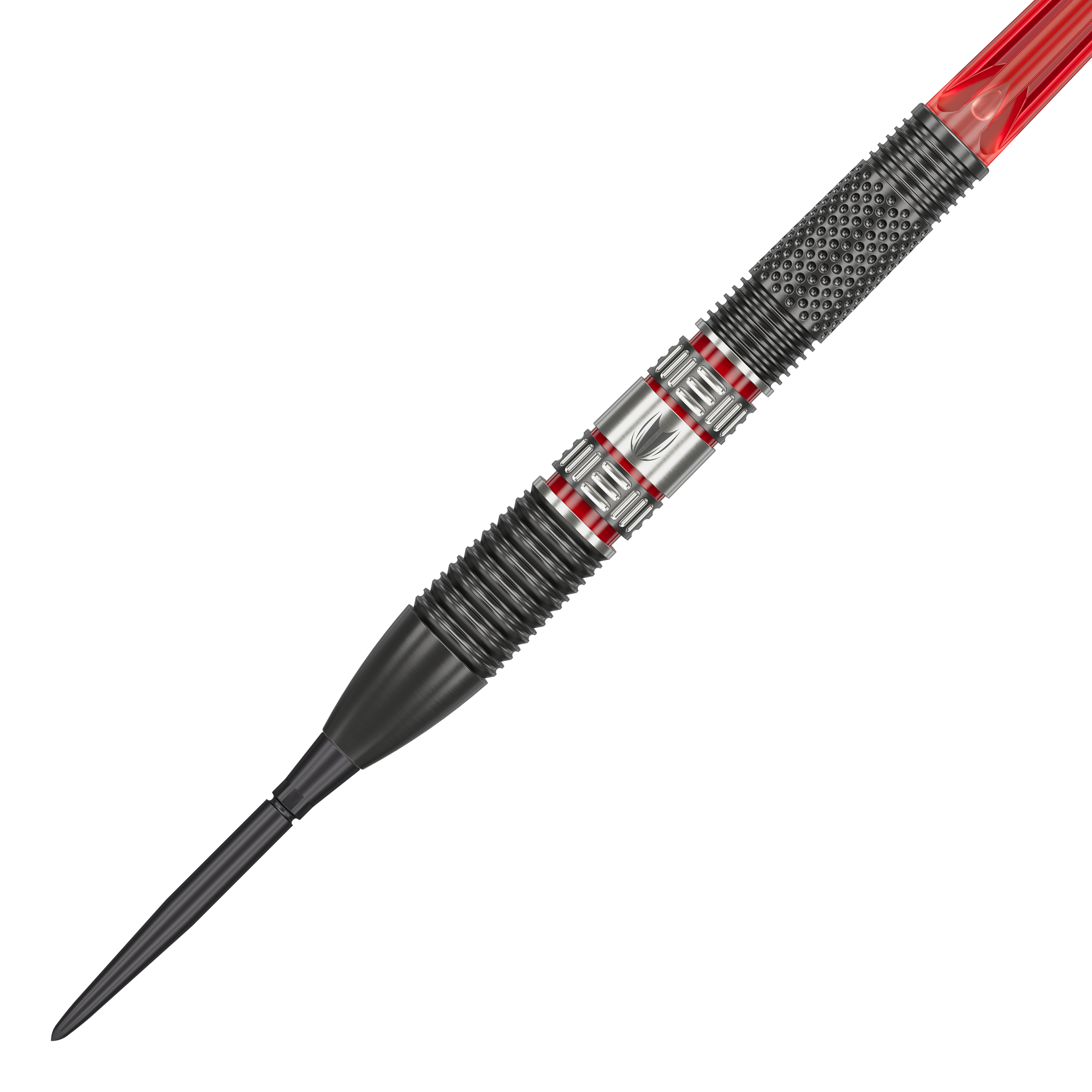 Target Gabriel Clemens 95K Swiss Point Steel Darts Das Bild zeigt einen Target Gabriel Clemens 95K Swiss Point Steeldart. Der Dart hat ein modernes Design mit schwarzen, silbernen und roten Akzenten.