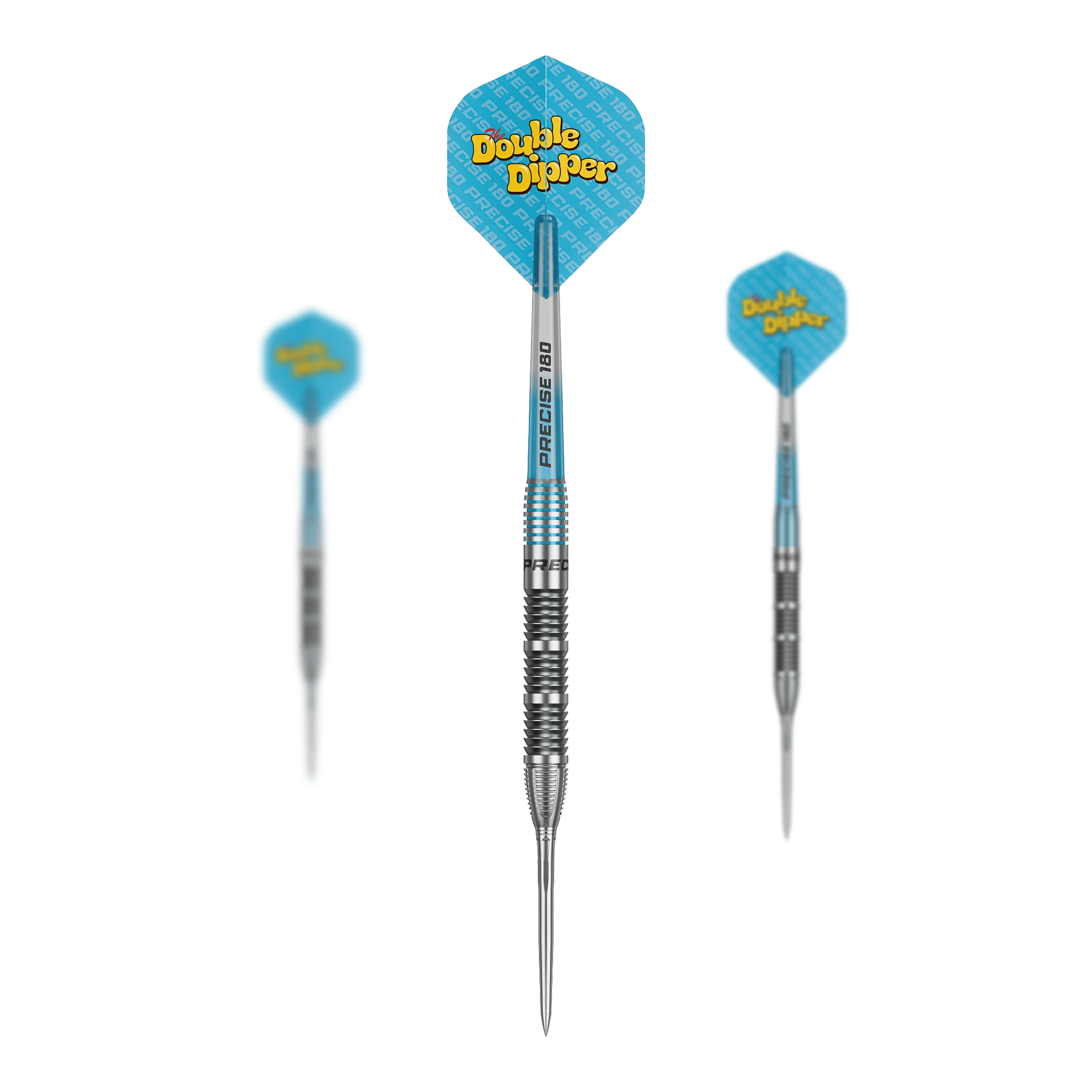 Das Bild zeigt ein Set der Precise 180 Bela Schugmann Double Dipper V1 Steeldarts. Das Set ist ideal für Dartliebhaber.