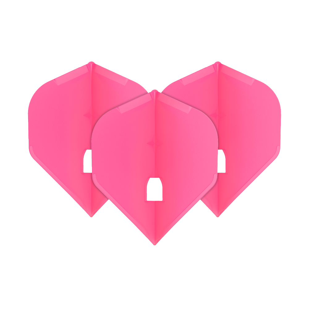 Das Bild zeigt drei pinke Dartflights in einer Standardform. Sie sind ordentlich nebeneinander angeordnet.