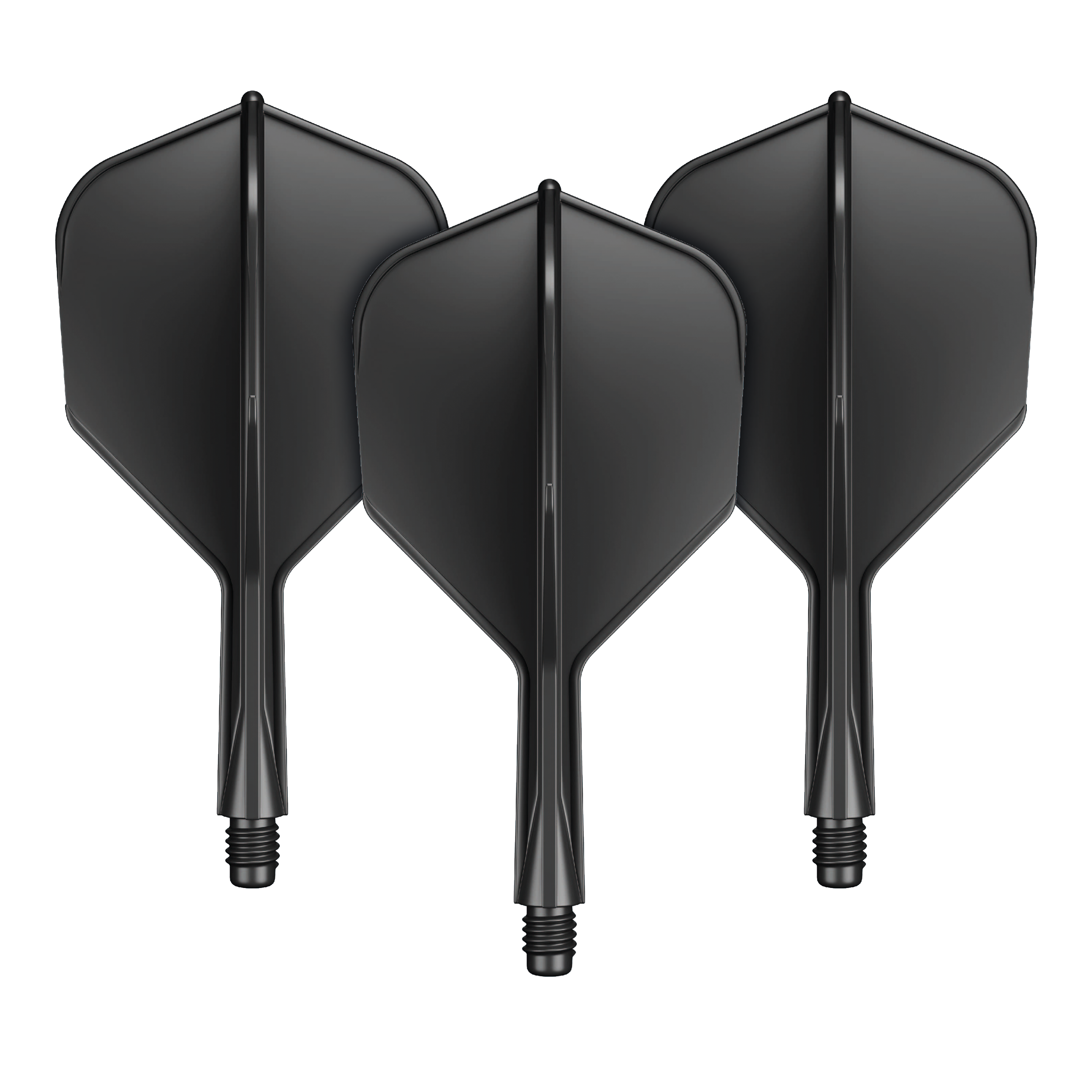 GOAT A1R No6 Flight Shaft System - Black Das Bild zeigt drei schwarze Dart-Flights mit integriertem Shaft. Sie sind nebeneinander angeordnet und verfügen über einen kurzen Schaft mit Schraubgewinde.