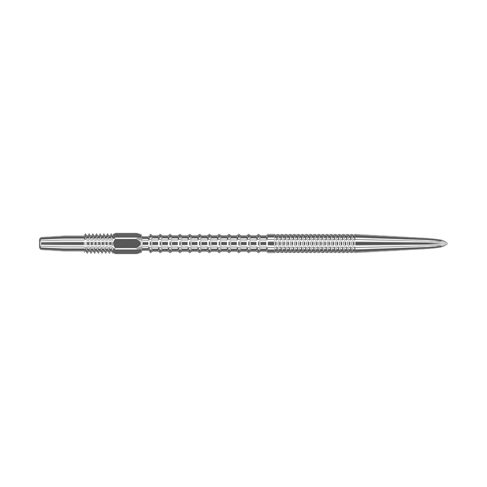 Target Swiss Firepoint Silver dart tips Das Bild zeigt eine silberne Dartspitze mit einem gerillten, strukturierten Design. Sie ist lang und schmal, mit einer spitzen Spitze am rechten Ende.