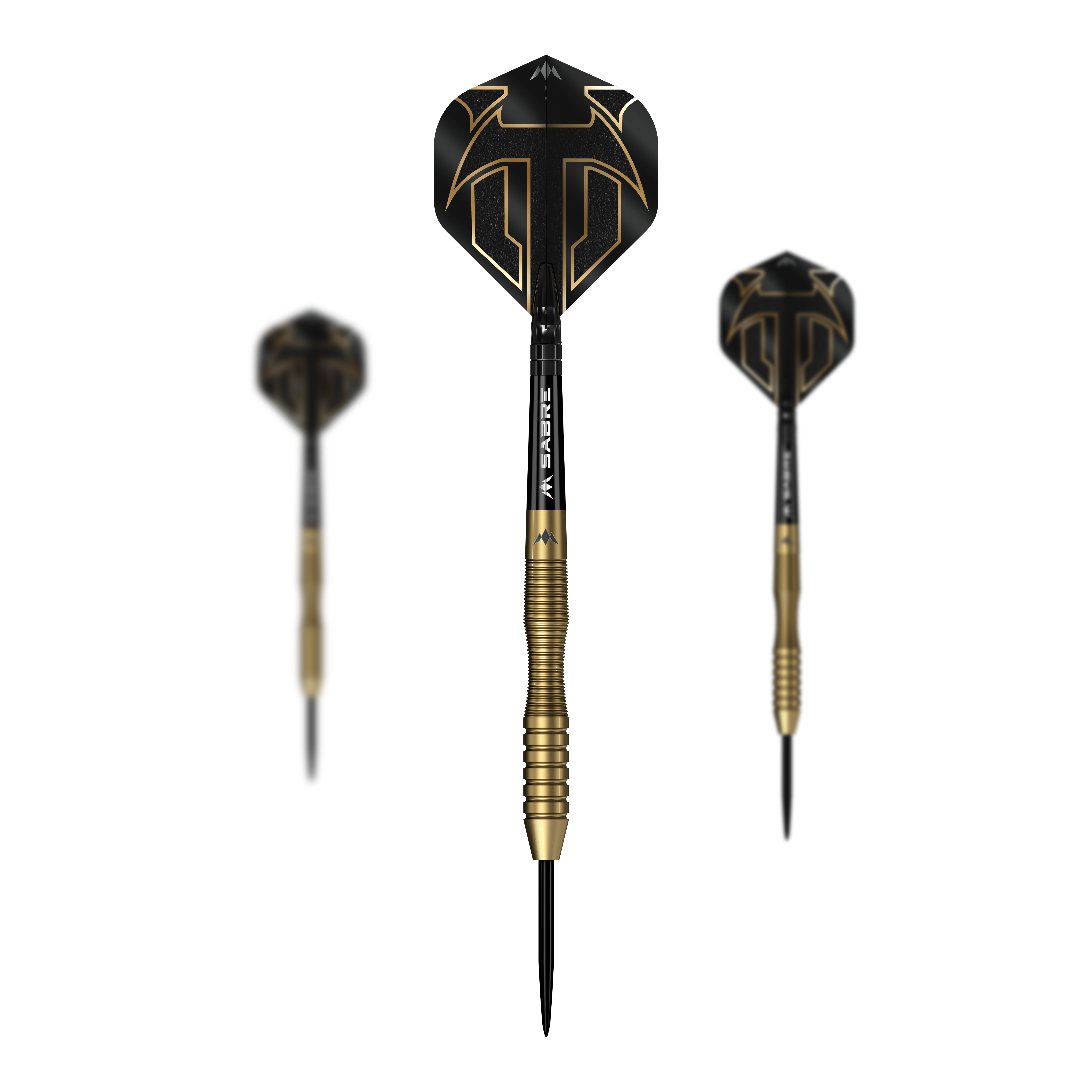 Mission Viktor Tingstrom Gold Steeldarts - 22g als Set dargestellt. Das Foto zeigt das komplette Set der Steeldarts.