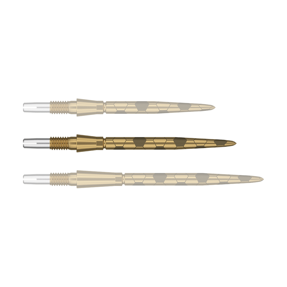 Target Swiss Storm Onyx Point Dart Tips - Gold Auf dem Bild sind drei goldfarbene Dartspitzen mit silbernem Gewinde zu sehen. Sie liegen nebeneinander und haben ein markantes, sechseckiges Muster auf der Oberfläche.