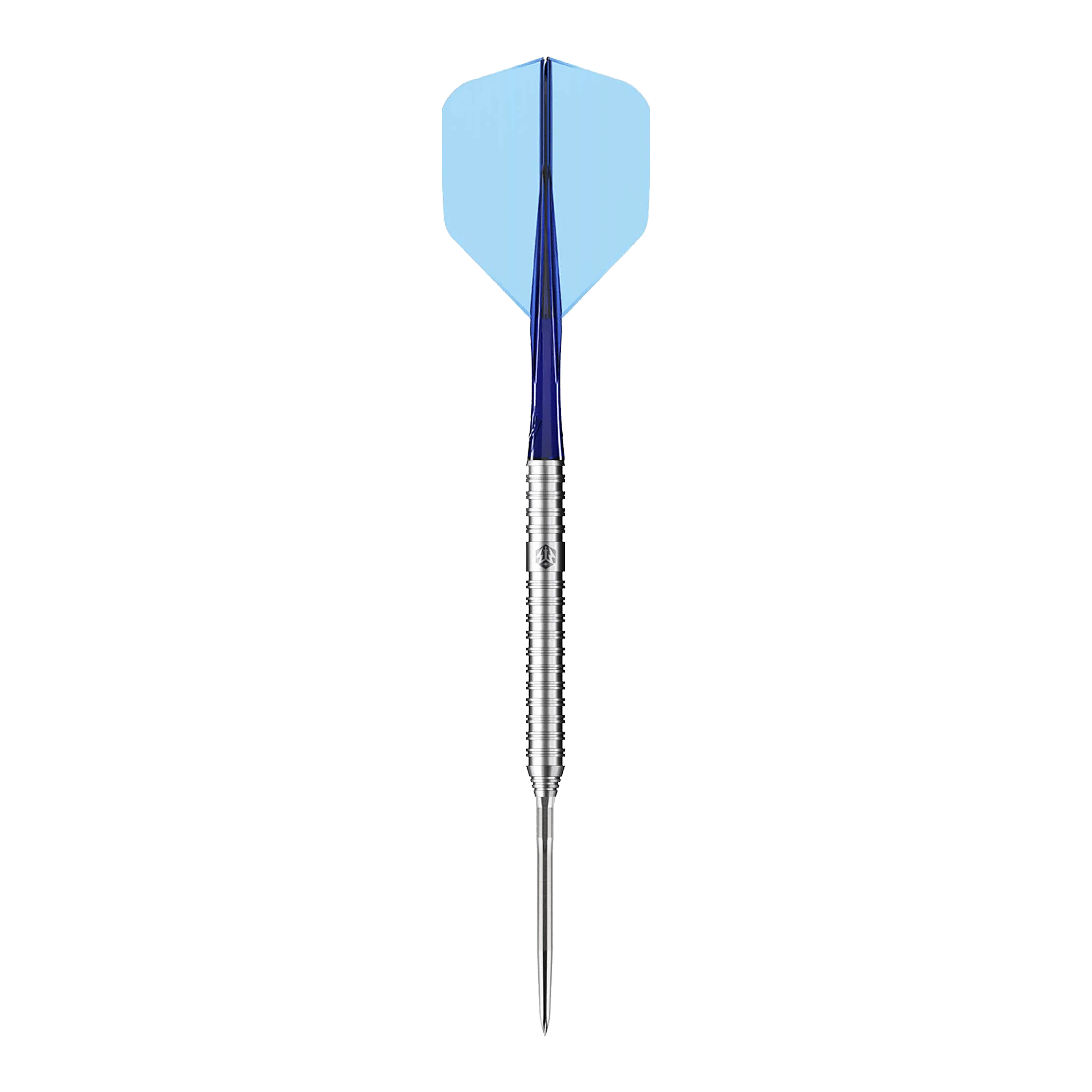 Das Bild zeigt einen Caliburn Forge F3 Steeldart mit einem Gewicht von 22 Gramm. Der Dart hat einen silbernen Schaft, einen blauen Flight und eine spitze Metallspitze.