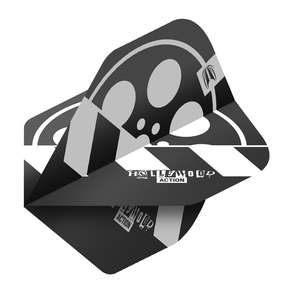 Target Pro Ultra Chris Dobey Hollywood Action No2 Standard Flights - 3 Sets Das Bild zeigt die Target Pro Ultra Chris Dobey Hollywood Action No2 Standard Flights. Die Flights sind schwarz-weiß gestaltet und tragen den Schriftzug "HOLLYWOOD ACTION".