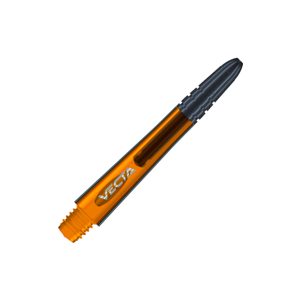 7025-110_Winmau_Vecta_Shafts_Orange_40mm_2 Das Bild zeigt einen orangefarbenen Winmau Vecta Shaft mit einer Länge von 37 mm. Der Schaft hat ein modernes Design und das Wort "VECTA" ist darauf zu sehen.