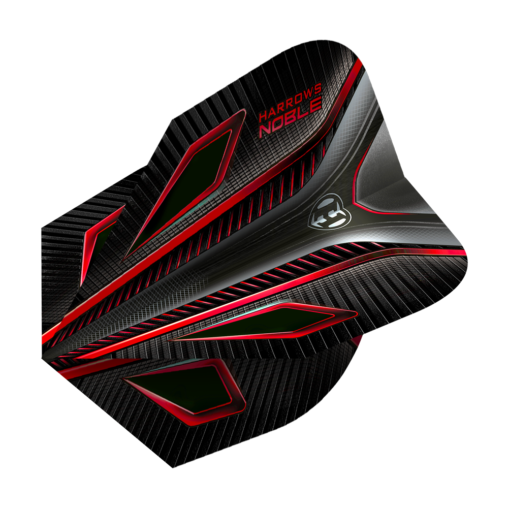 HR6_Harrows_Noble_Red_Standard_Flights_2 Das Bild zeigt die Harrows Noble Red Standard Flights für Darts. Sie sind überwiegend schwarz mit roten und silbernen Akzenten sowie einem modernen Design.