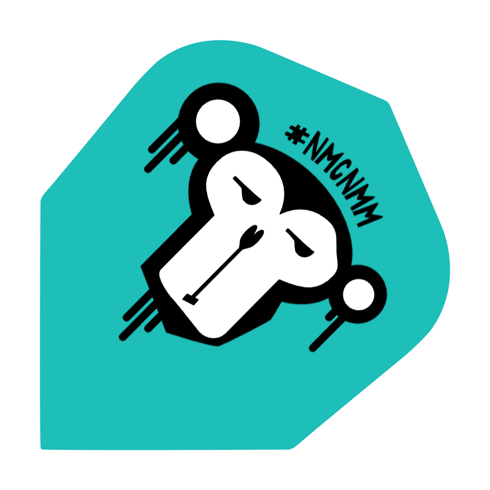 Not_My_Circus_Not_My_Monkeys_NMCNMM_Standard_Flights_1 Das Bild zeigt eine türkisfarbene Dart-Flugbahn mit dem stilisierten Gesicht eines Affen. Oben rechts steht der Hashtag "#NMCNMM".