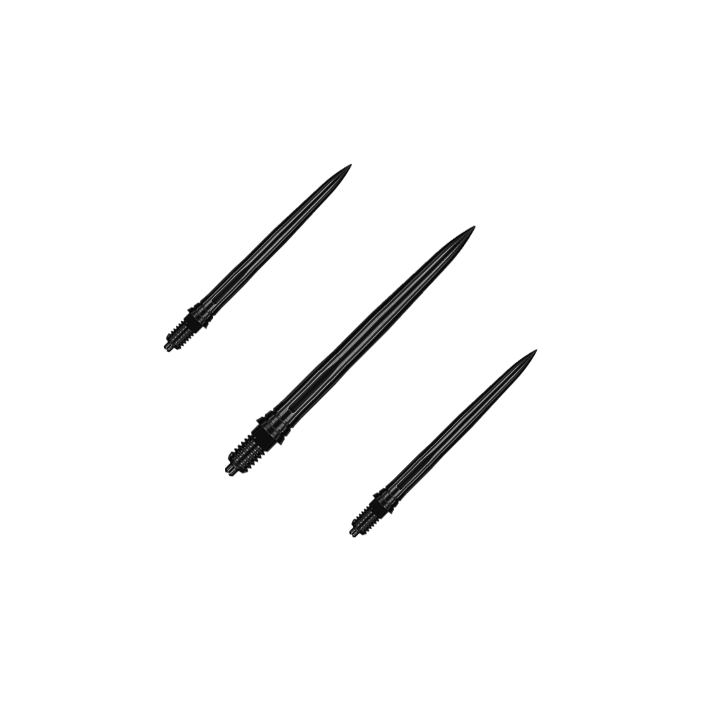 Hier sind EVO181 Caliburn EZ-EVO Dartspitzen Smooth Schwarz 28mm als Set dargestellt. Die Dartspitzen sind schwarz und haben eine glatte Oberfläche.