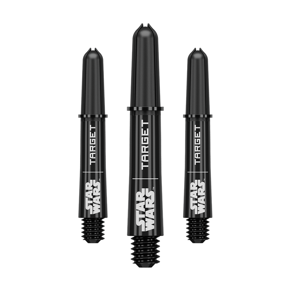 Target Star Wars ProGrip Shafts - Black Abgebildet ist das Produkt mit dem Dateinamen 380420_Target_StarWars_ProGrip_Shafts_Schwarz_Short_34mm_1Set. Vermutlich handelt es sich um schwarze ProGrip Shafts für Darts, Modell Star Wars, in kurzer Ausführung.