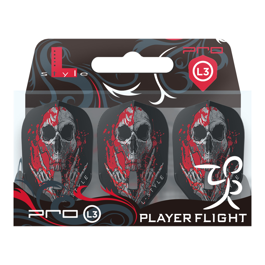 L-Style Ryan Searle V3 L3PRO Black Flights Die Abbildung zeigt ein Set von drei L-Style Ryan Searle V3 L3PRO Black Flights. Auf den Flights ist ein Totenkopf-Design mit roten Farbakzenten zu sehen.