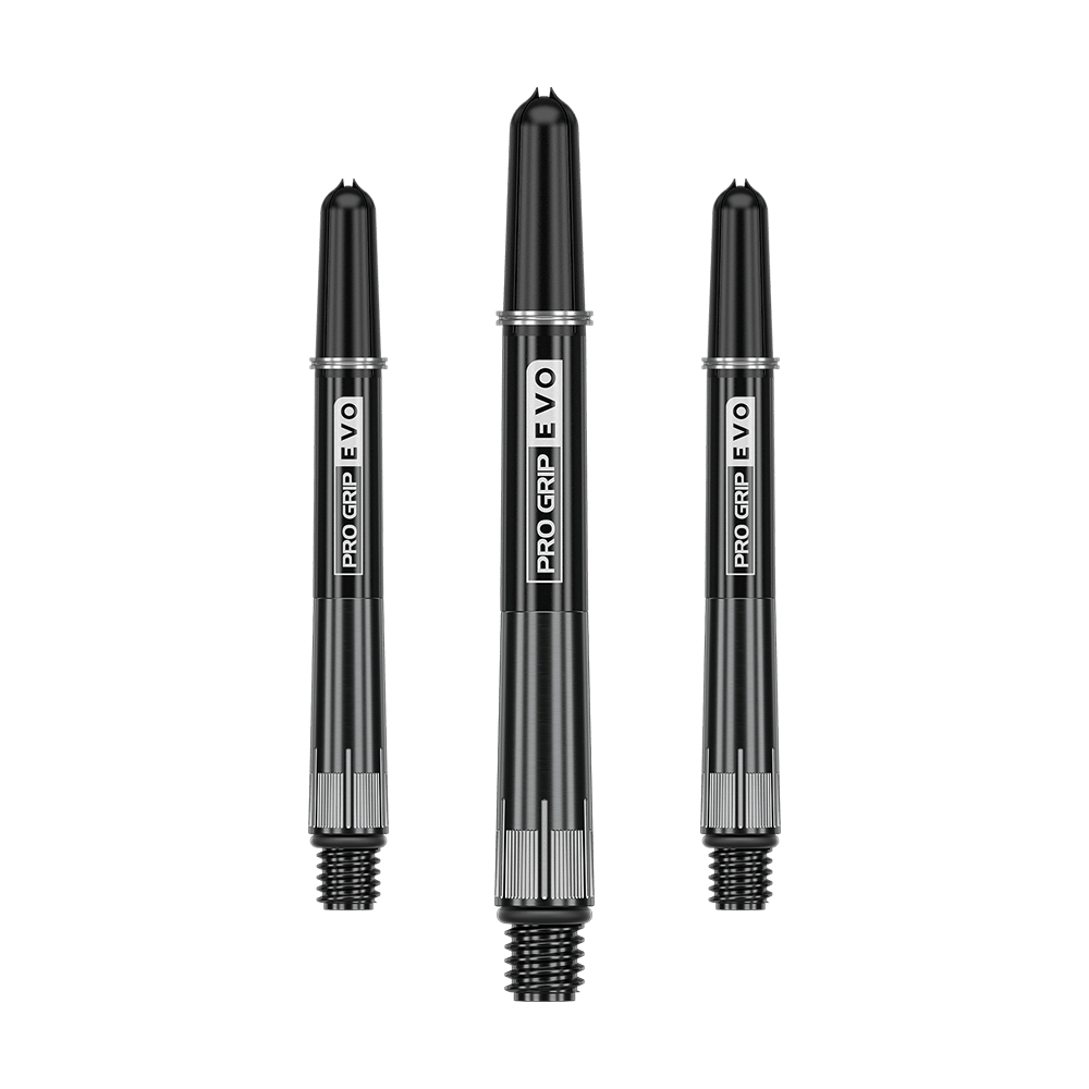 Auf dem Bild sind drei schwarze Dartschäfte mit der Aufschrift "PRO GRIP EVO" zu sehen. Sie sind aus Metall gefertigt und haben ein schraubbares Ende.