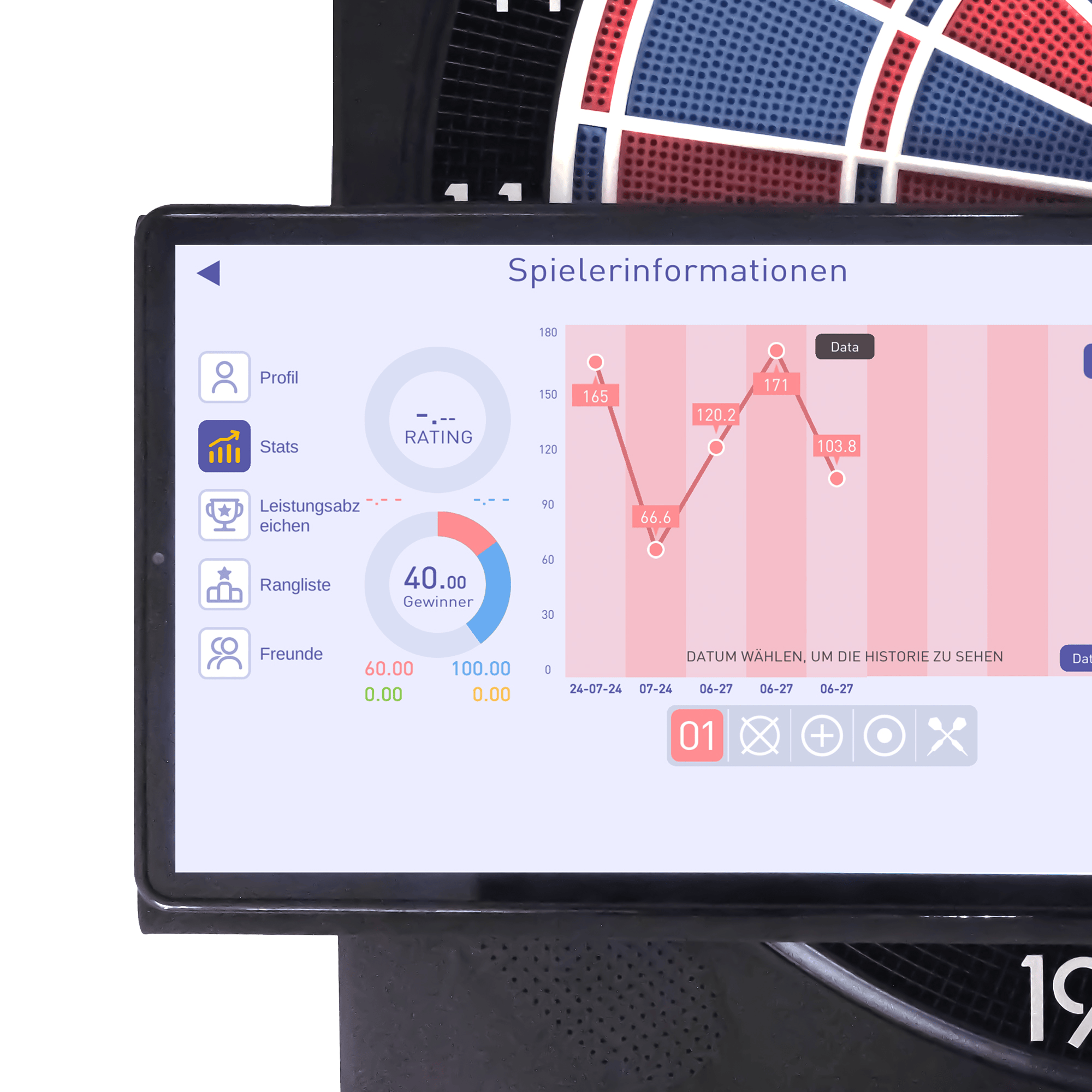 Karella CB-Smart Electronic Soft Dartboard Das Bild zeigt die elektronische Soft-Dartscheibe "Karella CB-Smart" mit einem verbundenen Bildschirm. Auf dem Bildschirm werden Spielerinformationen und Statistiken angezeigt.