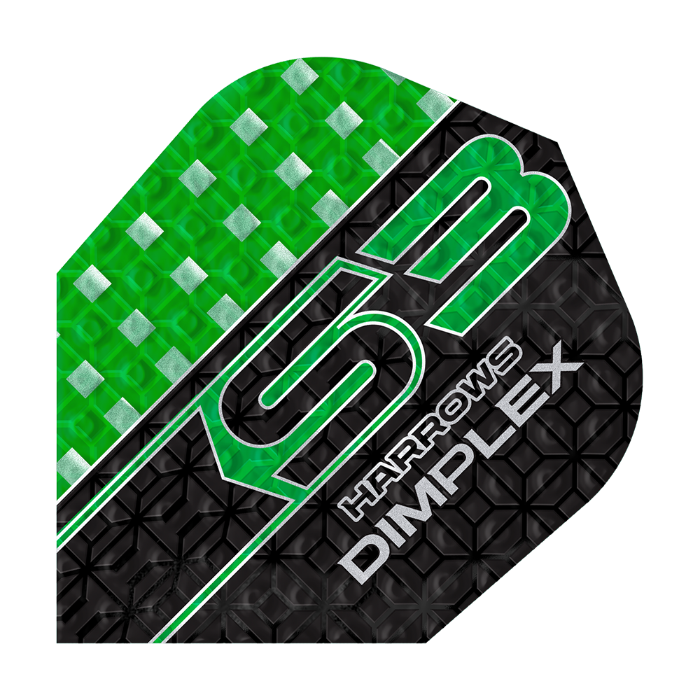 Harrows Dimplex S3 Flights - Green Das Bild zeigt ein Harrows Dimplex S3 Dart Flight in grün und schwarz mit geometrischem Muster. Auf dem Flight steht "S3 Harrows Dimplex" in auffälliger Schrift.