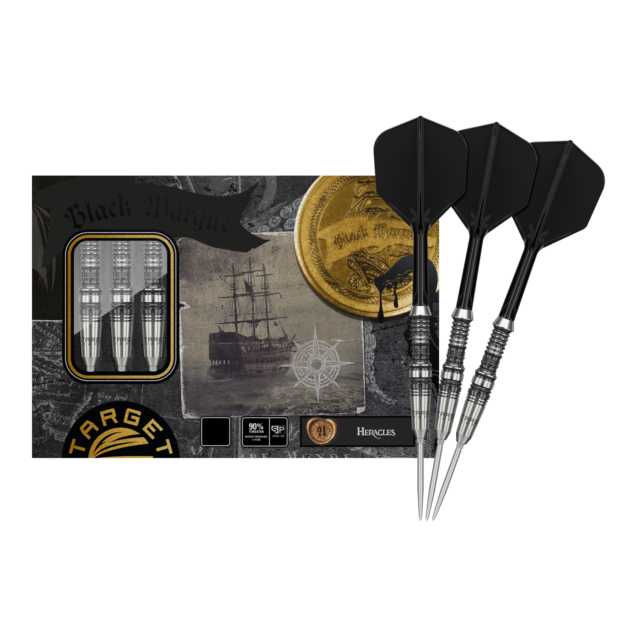Target Japan Black Marque Heracles Steeldarts Das Bild zeigt die Target Japan Black Marque Heracles Steeldarts zusammen mit ihrer Verpackung. Drei silberne Darts mit schwarzen Flights liegen rechts neben einer stilvoll gestalteten Box.