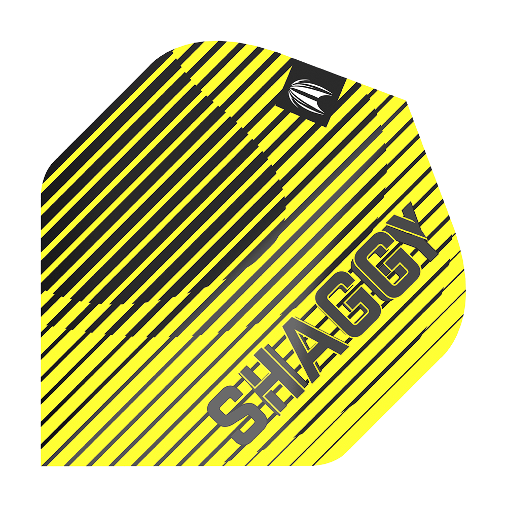 Das Bild zeigt ein Dartflight mit gelb-schwarzen diagonalen Streifen. Auf dem Flight steht in großen Buchstaben das Wort "SHAGGY".