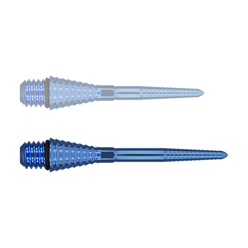 380177_Target_Titanium_Swiss_Point_Grooved_Conversion_Points_Blau_30mm_1K4jXXPlE7y5MK Das Bild zeigt zwei blaue, gerillte Titanspitzen mit Schraubgewinde. Sie sind länglich und haben eine konische Form.