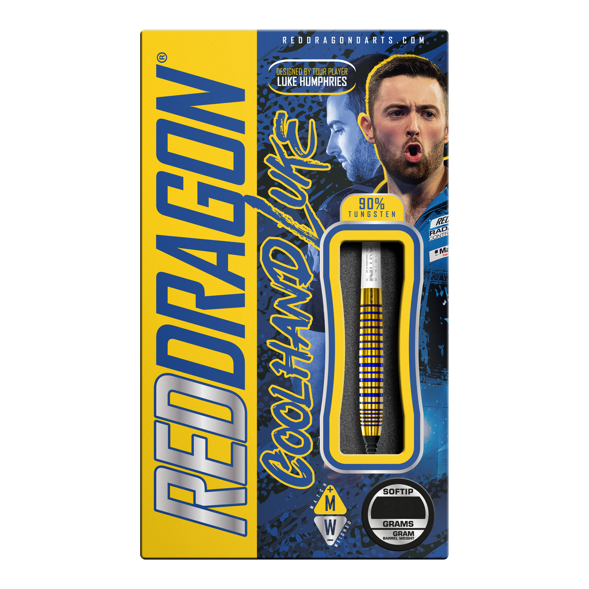Red Dragon Luke Humphries TX3 Gold SE Softdarts - 20g Die Verpackung zeigt die "Red Dragon Luke Humphries TX3 Gold SE Softdarts - 20g". Auf der Box sind ein Dartpfeil, das Bild eines Spielers und auffällige gelbe und blaue Grafiken zu sehen.