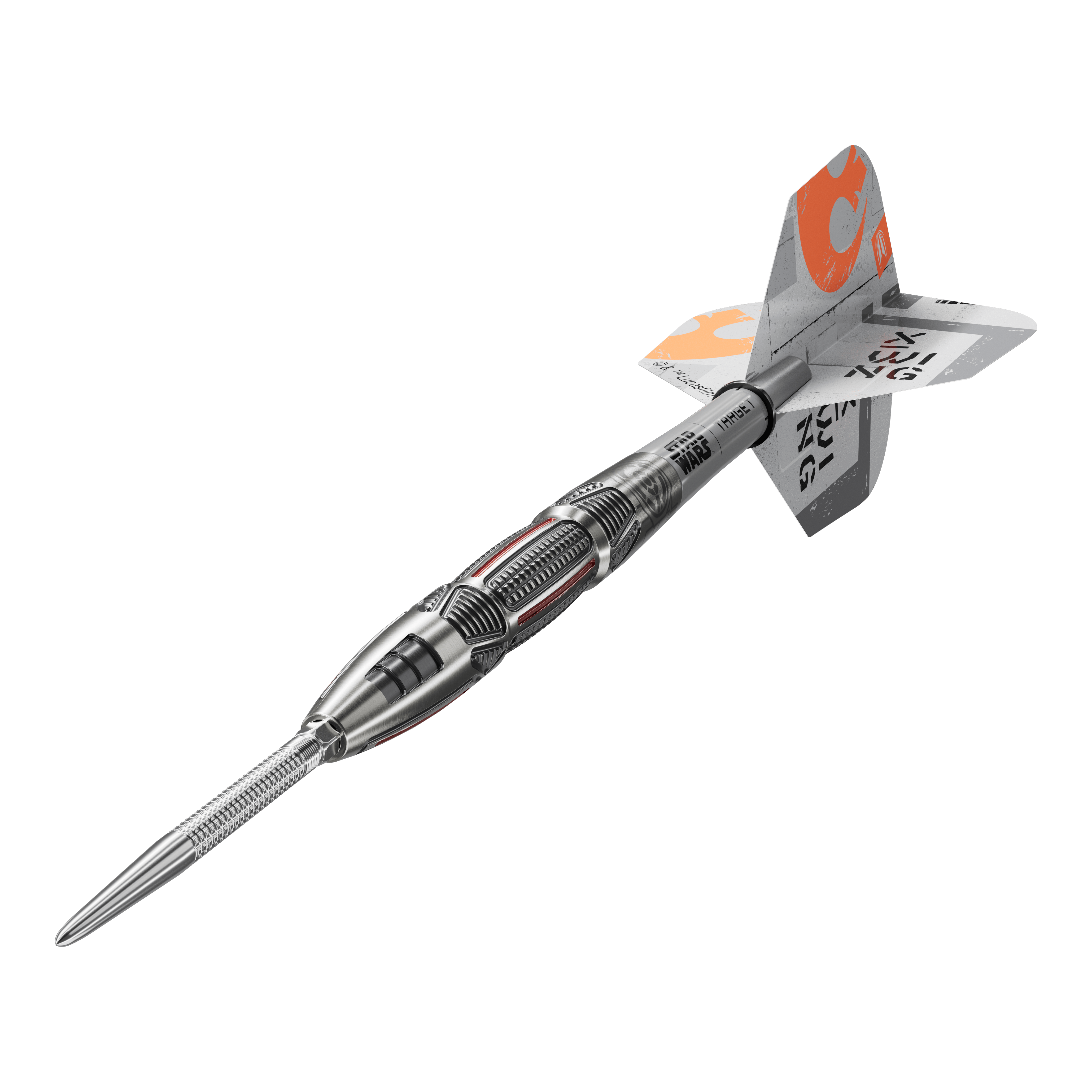 Target Star Wars X-Wing Swiss Point Steel Darts Target Star Wars X-Wing Swiss Point Steeldarts sind hochwertige Steeldarts mit X-Wing-Design. Das Bild zeigt die Darts aus einer Detailperspektive.