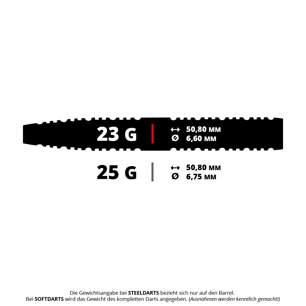 Auf dem Bild sind die technischen Daten für zwei Steeldarts-Gewichte zu sehen: 23 Gramm und 25 Gramm. Beide Darts haben eine Länge von 50,80 mm; der Durchmesser beträgt 6,60 mm bei 23 g und 6,75 mm bei 25 g.
