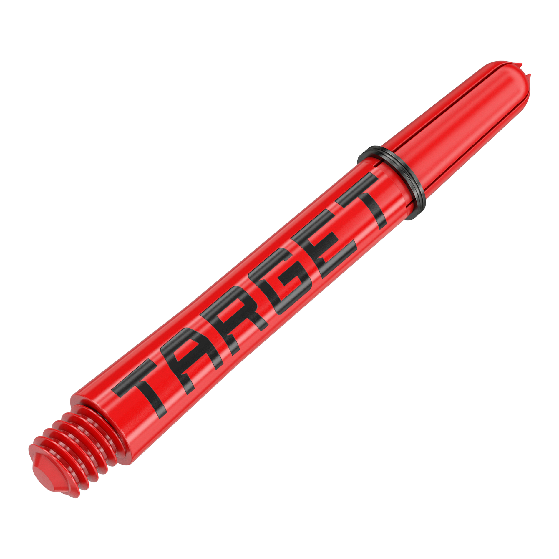 Das Bild zeigt einen roten Dartschafte mit der Aufschrift "TARGET" in schwarzen Buchstaben. Der Schaft hat ein Schraubgewinde und einen schwarzen Gummiring.