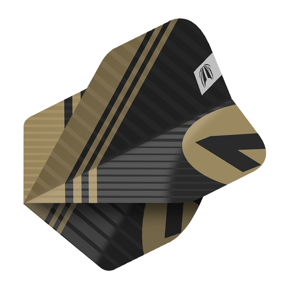 Das Bild zeigt einen schwarzen Dartflight mit goldenen Streifen und Mustern. Es handelt sich um das Produkt "Target Pro Ultra Chicane Black No2 Standard Flights - 3 Sets".