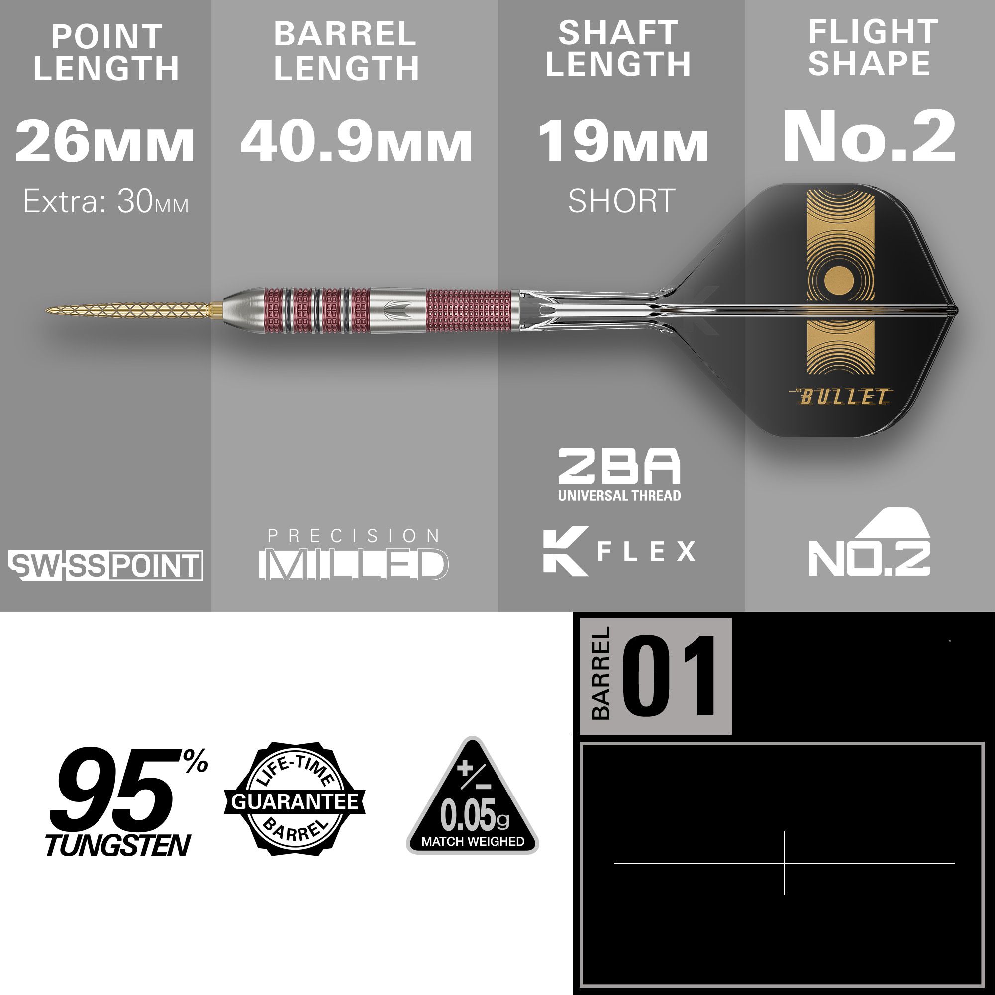Das Bild zeigt die technischen Daten des Produkts „Target Stephen Bunting 95K Swiss Point Steeldarts“. Es werden Längen der Spitze, des Barrels und des Schafts sowie das Flugdesign und das Material (95% Wolfram) hervorgehoben.
