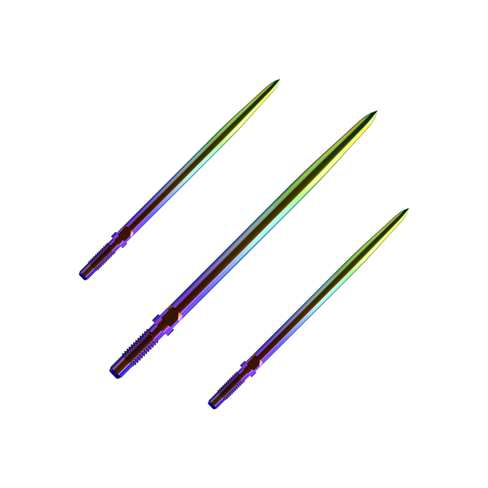 Ein Bild mit dem Dateinamen BU57716_BullsNL_Convertible_Points_Smooth_Rainbow_36mm_1Set. Es zeigt wahrscheinlich ein Set von Dartspitzen in Regenbogenfarben.