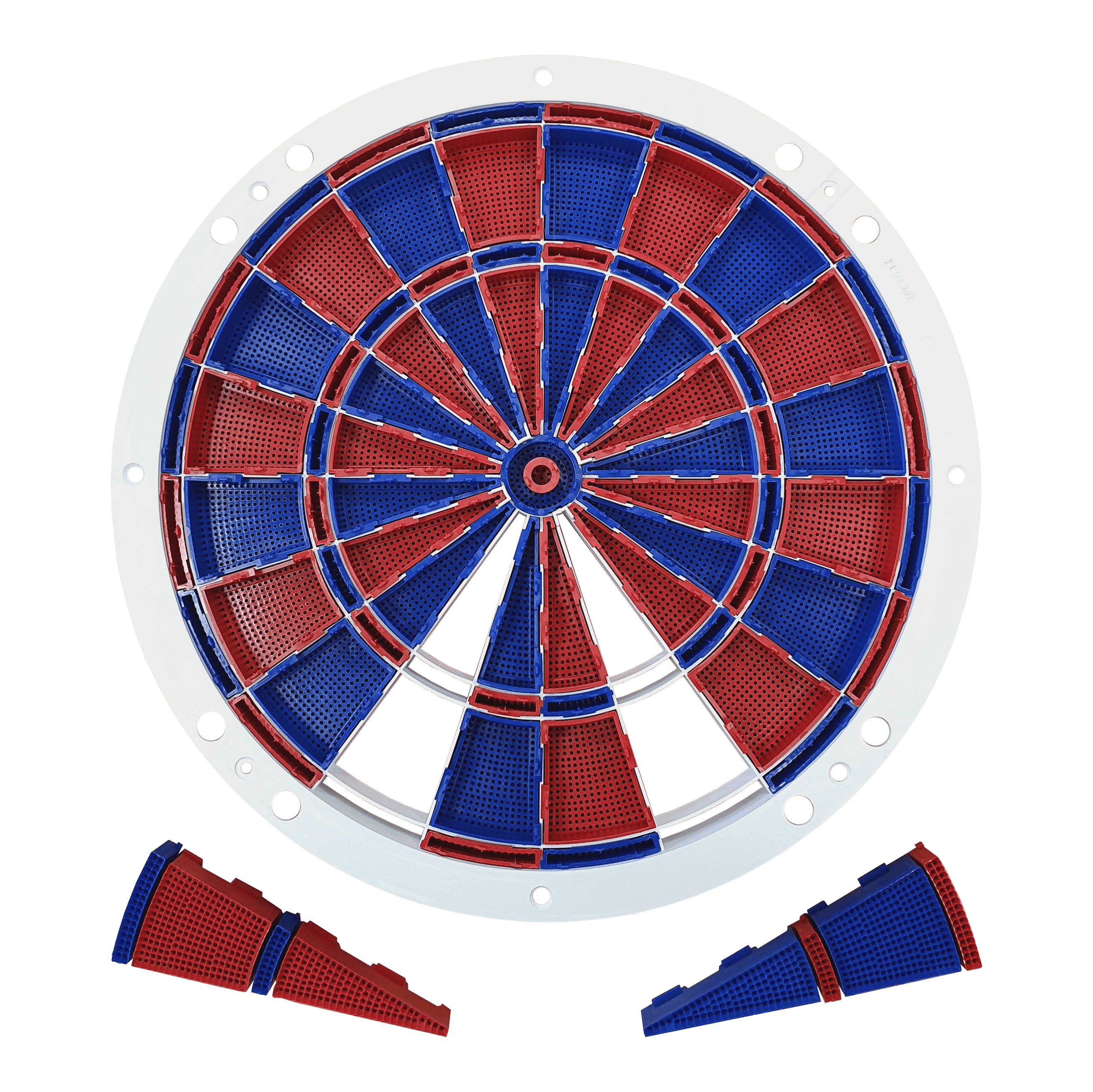 Löwen Dart spare parts 82 segment and spider set Auf dem Bild ist ein Ersatzteil-Set für eine elektronische Dartscheibe zu sehen. Die Segmente sind abwechselnd rot und blau gefärbt und werden von einem weißen Rahmen gehalten.
