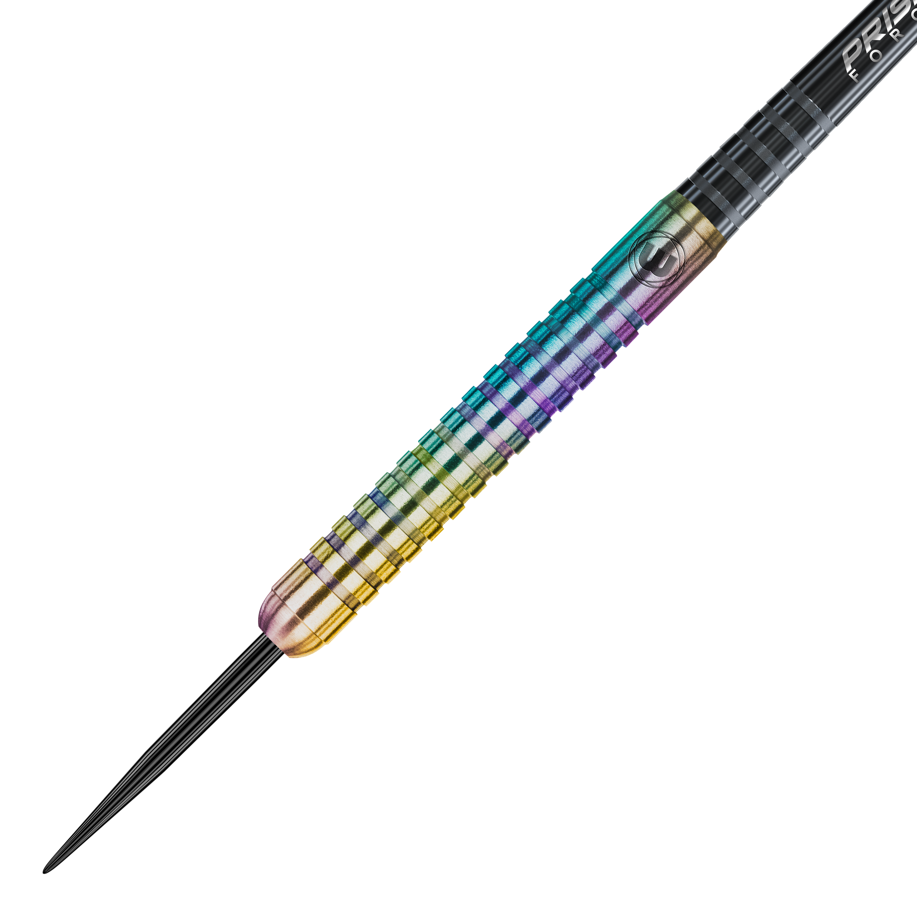 Winmau Foxfire Urban steel darts Das Bild zeigt einen Winmau Foxfire Urban Steeldart. Der Dartpfeil hat einen schillernden, mehrfarbigen Schaft mit Rillen für besseren Halt.