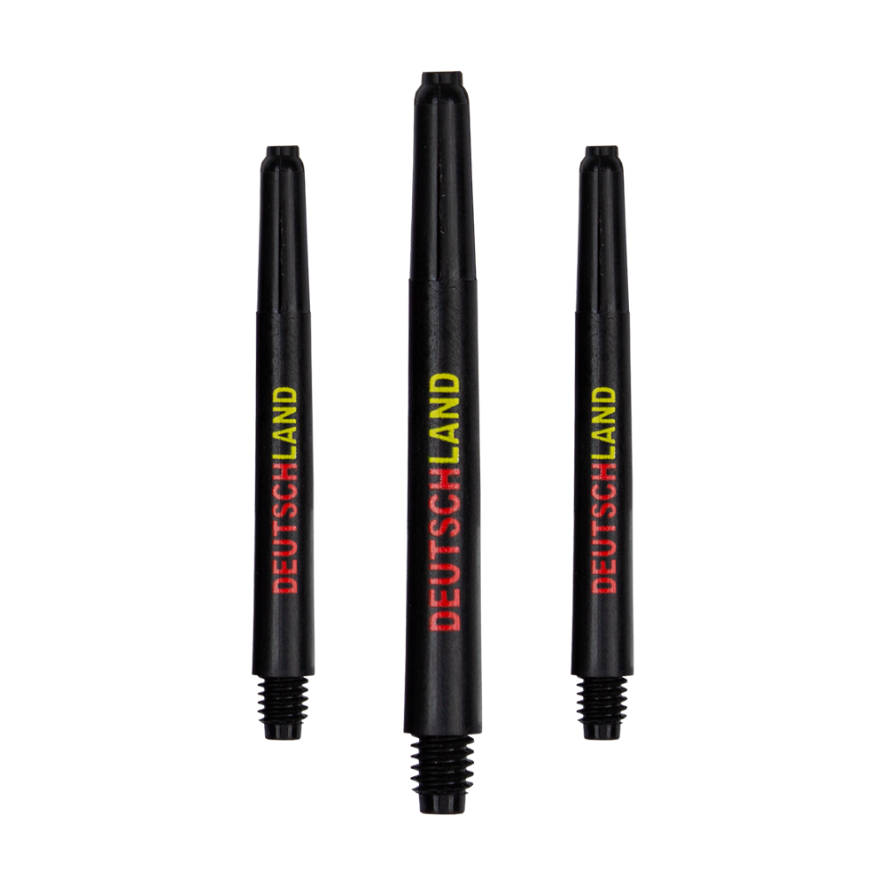 792_Nylon_Shafts_Deutschland_48mm_1 Das Bild zeigt drei schwarze Nylon-Schäfte mit der Aufschrift "DEUTSCHLAND" in den Farben Gelb und Rot. Die Schäfte sind in verschiedenen Längen dargestellt.