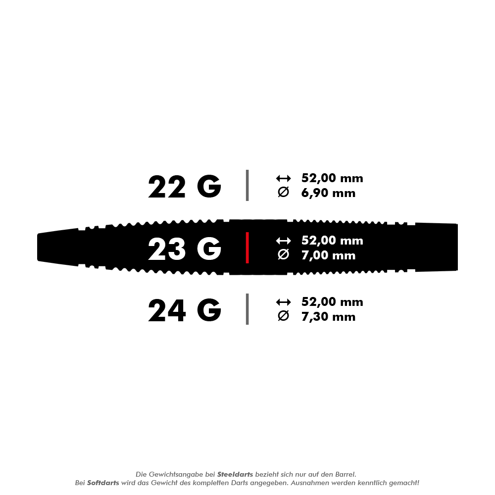 Das Bild zeigt drei verschiedene Dartpfeilgewichte mit ihren jeweiligen Maßen. Die Längen betragen jeweils 52,00 mm, während sich die Durchmesser je nach Gewicht (22g, 23g, 24g) von 6,90 mm bis 7,30 mm unterscheiden.