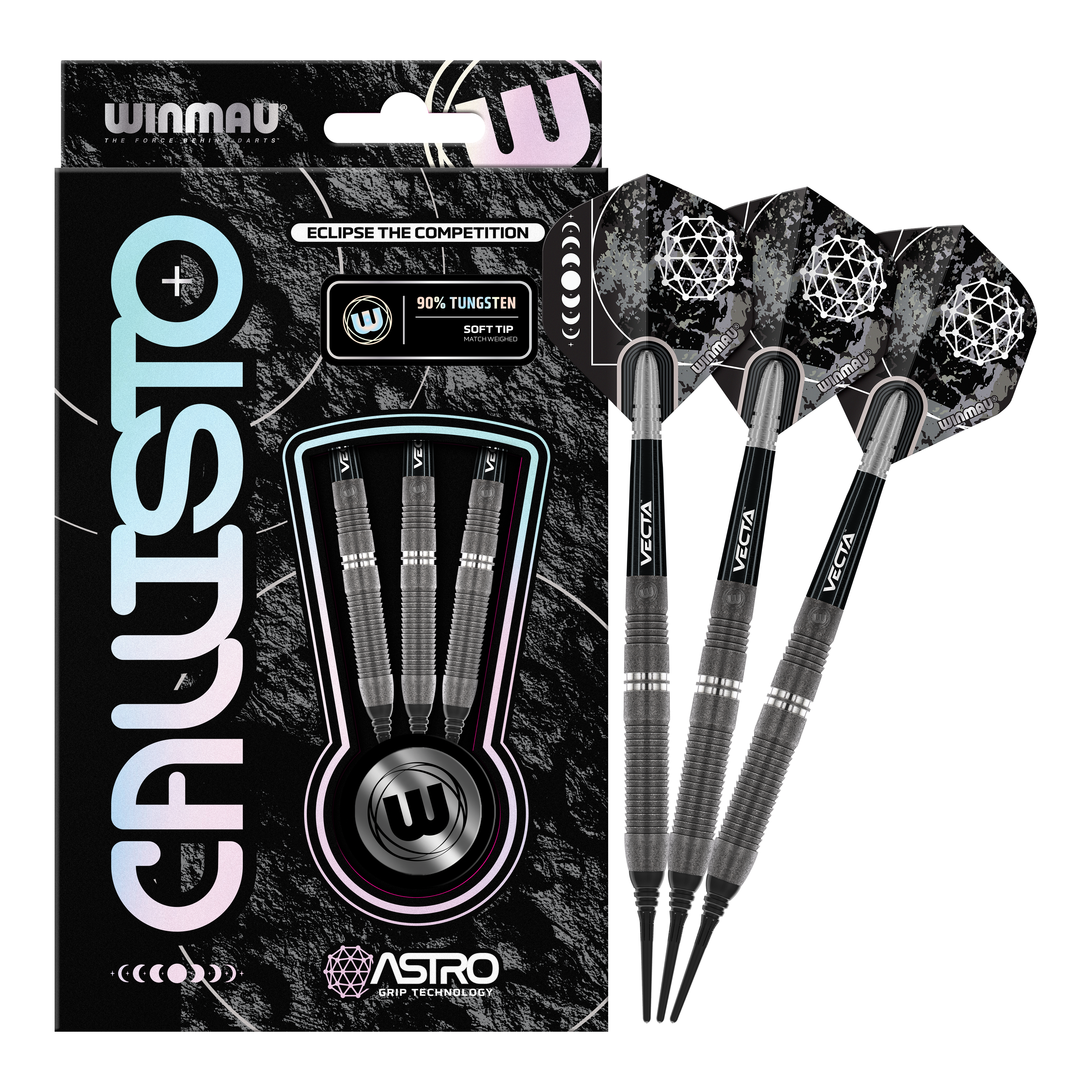 Winmau Callisto 03 soft darts - 20g Das Bild zeigt die Winmau Callisto 03 Softdarts mit einem Gewicht von 20g. Die Verpackung enthält drei schwarze Softdarts mit auffälligen Flights und dem Hinweis auf 90% Tungsten.