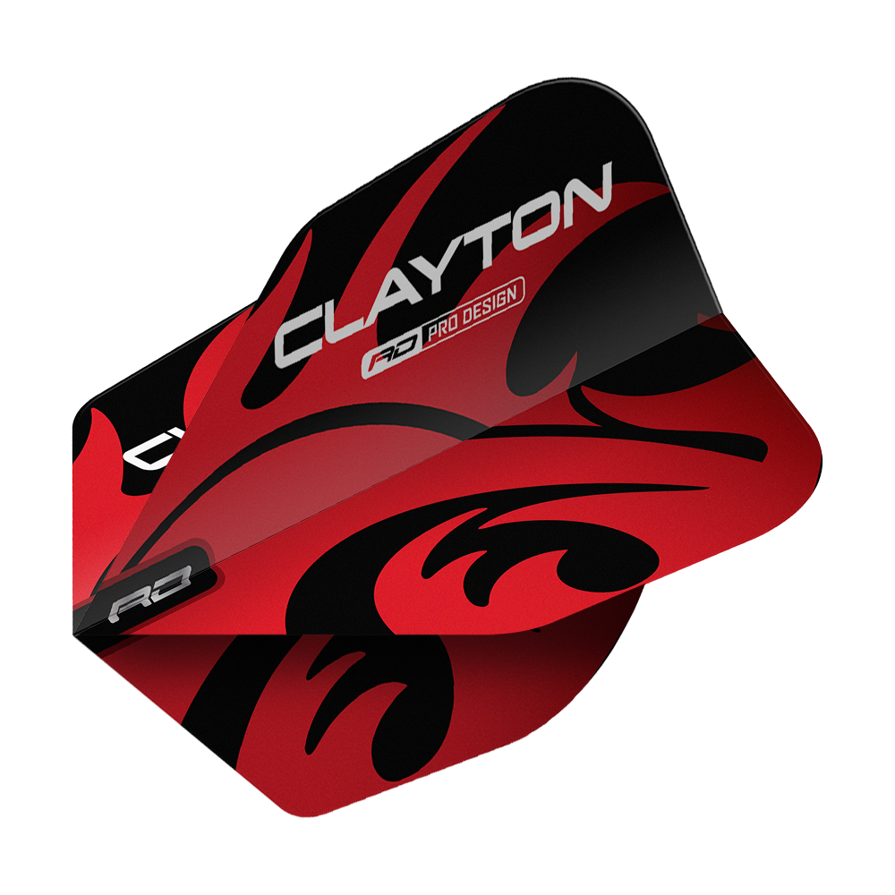 Das Bild zeigt ein Dart-Flight mit dem Produktnamen "Red Dragon Jonny Clayton Red Black No6 Flights". Das Flight ist rot und schwarz gestaltet und trägt den Schriftzug „CLAYTON“.