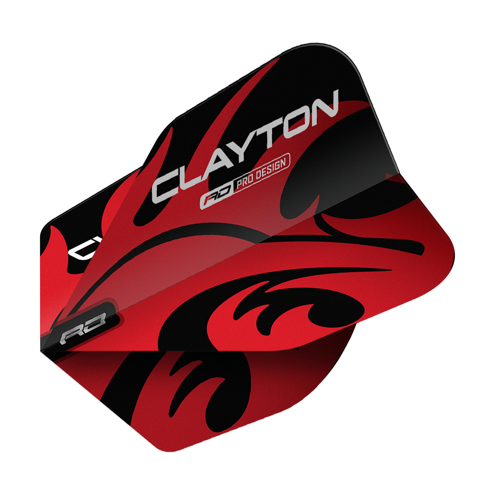 Red Dragon Jonny Clayton Red Black No6 Flights Das Bild zeigt ein Dart-Flight mit dem Produktnamen "Red Dragon Jonny Clayton Red Black No6 Flights". Das Flight ist rot und schwarz gestaltet und trägt den Schriftzug „CLAYTON“.