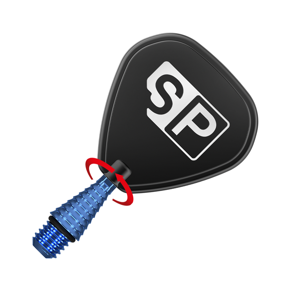 380176_Target_Titanium_Swiss_Point_Grooved_Conversion_Points_Blau_3 Das Bild zeigt eine Dartspitze mit einem schwarzen Flightschutz und der Aufschrift „SP“. Die blaue, gerillte Spitze wird durch einen roten Pfeil in einer Drehbewegung dargestellt.
