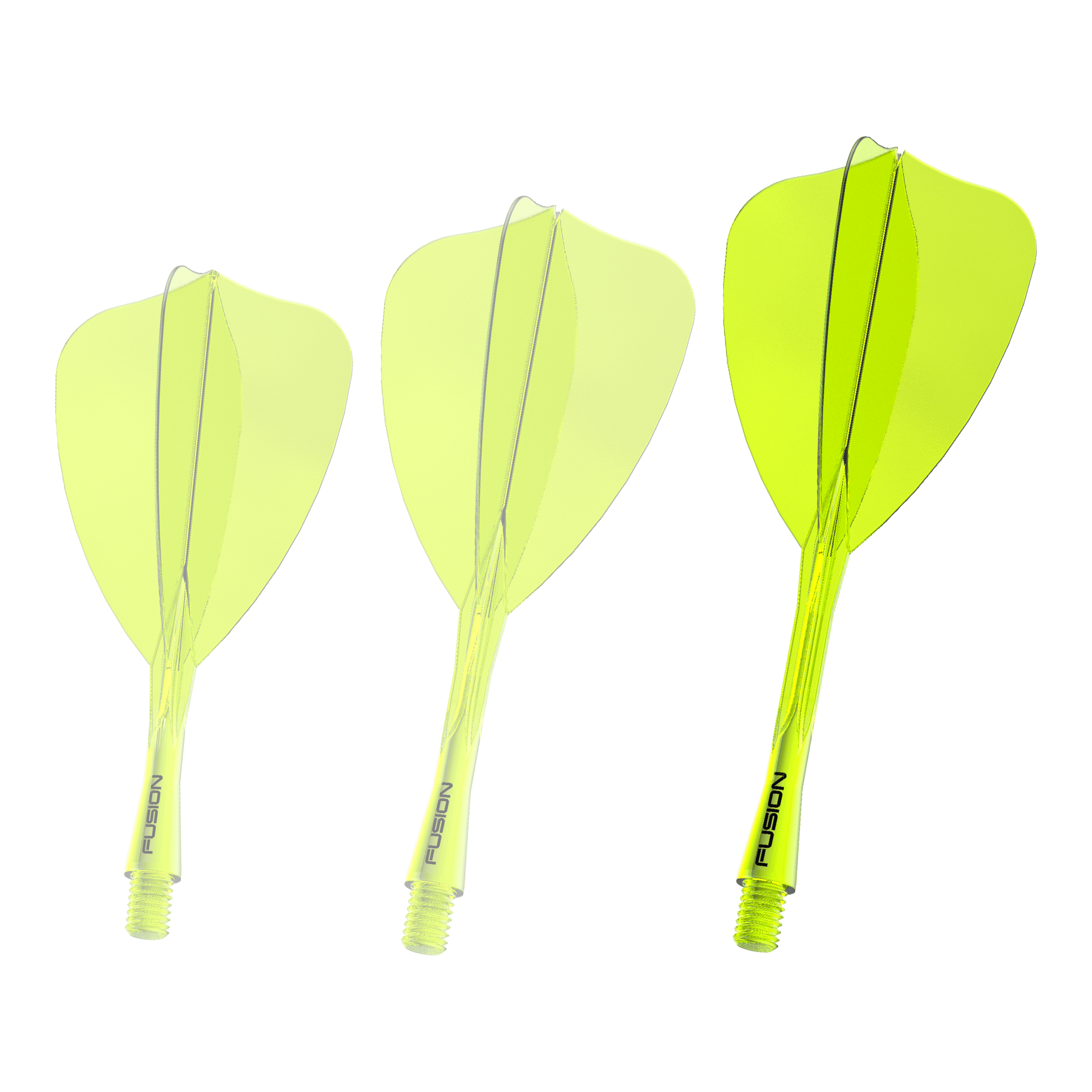 Abgebildet ist erneut das Winmau Fusion Flight Shaft System in Neon-Gelb, 34mm lang. Dieses Produkt wird für das Zusammensetzen von Dartpfeilen verwendet.