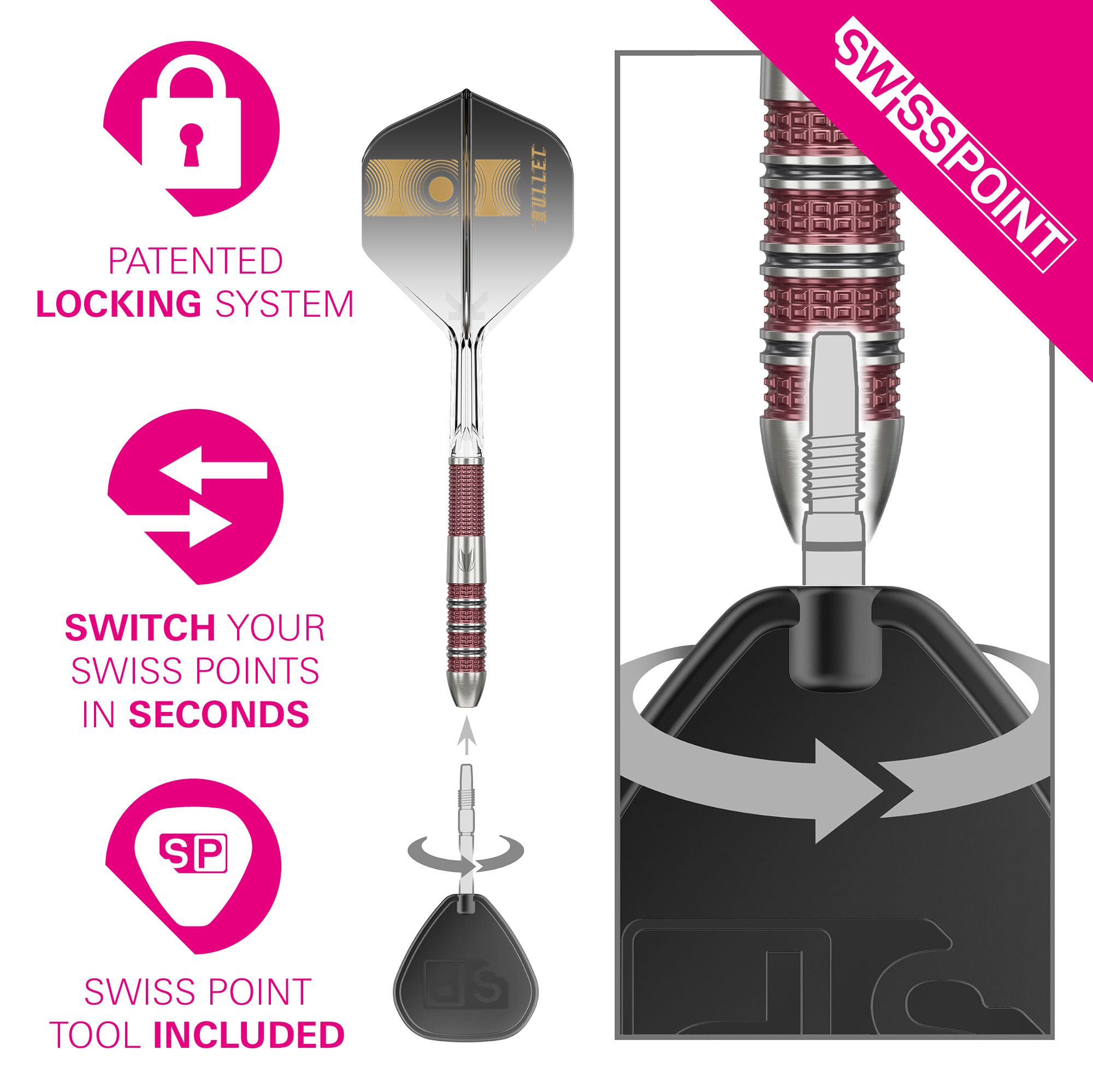 Das Bild zeigt die Target Stephen Bunting 95K Swiss Point Steeldarts mit einem patentierten Verriegelungssystem. Mit dem beiliegenden Swiss Point Tool lassen sich die Spitzen in wenigen Sekunden wechseln.
