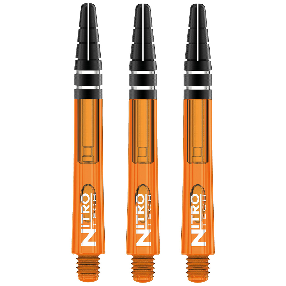 C523-Nitrotech-Orange-Medium-H Das Bild zeigt drei orangefarbene RedDragon Nitrotech Shafts. Sie sind speziell für Dartpfeile entworfen und haben schwarze Spitzen.