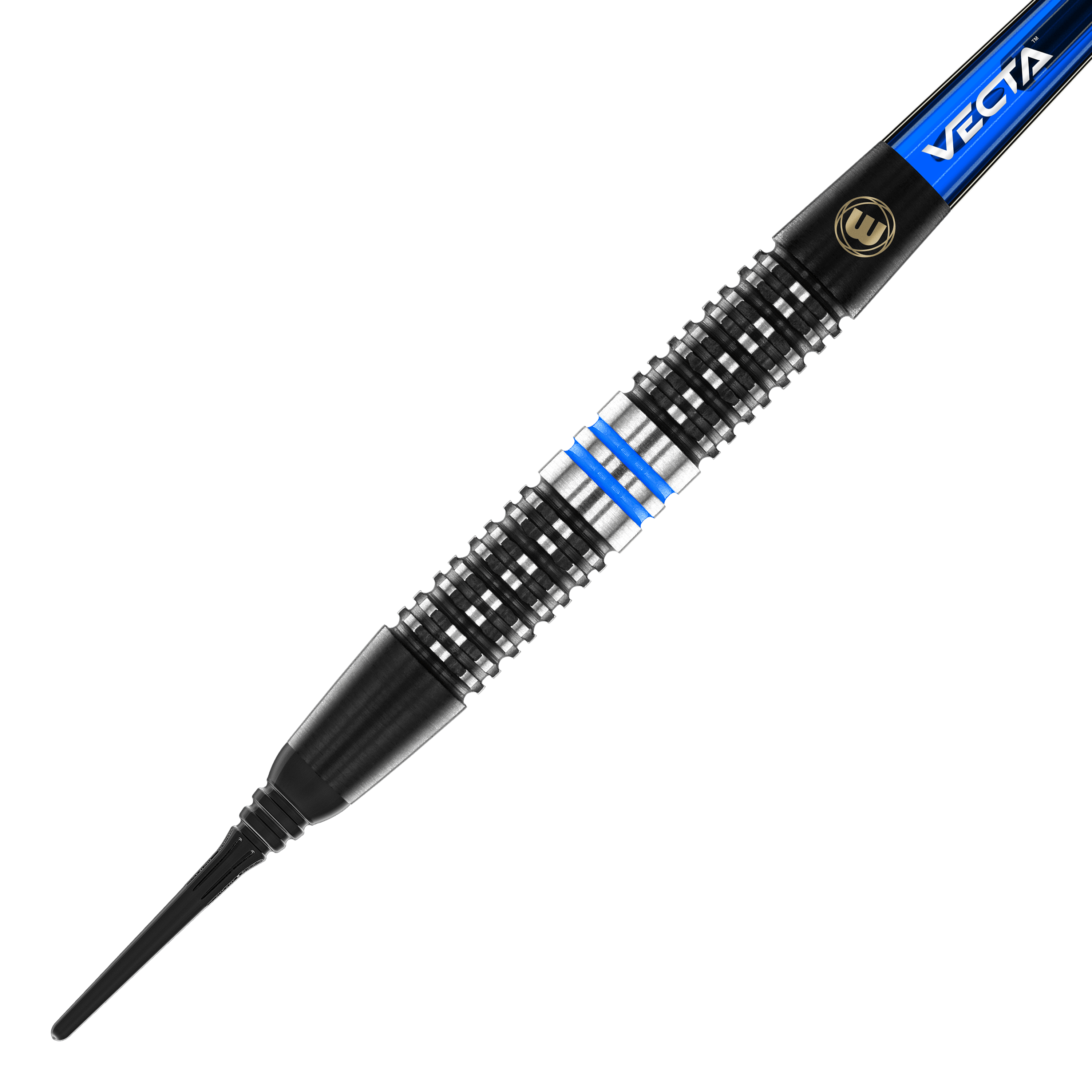 Winmau Galactics soft darts - 20g Das Bild zeigt einen Winmau Galactics Softdart mit einem Gewicht von 20 Gramm. Der Dart hat ein schwarzes Griffteil mit silbernen und blauen Akzenten.