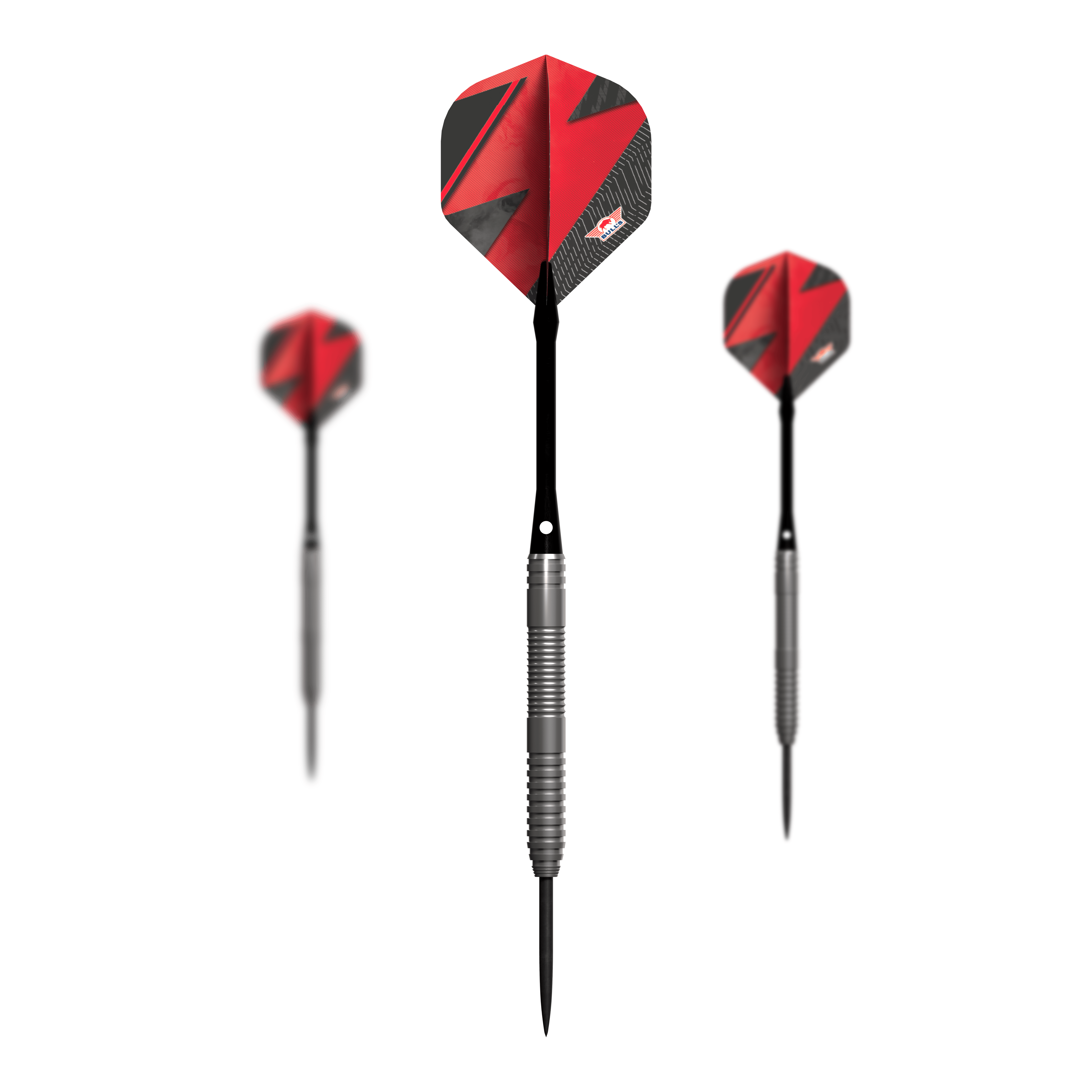 Bulls NL Lightning Red steel darts Das Bild zeigt drei Steeldarts mit silbernen Griffen und roten Flights. Es handelt sich um das Produkt "Bulls NL Lightning Red Steeldarts".