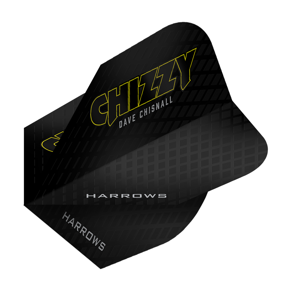 Harrow's Dave Chisnall Chizzy Series 3 Flights Das Bild zeigt das Produkt „Harrows Dave Chisnall Chizzy Series 3 Flights“. Die Flights sind schwarz mit gelber Schrift und tragen den Namen „Chizzy“ sowie „Dave Chisnall“.